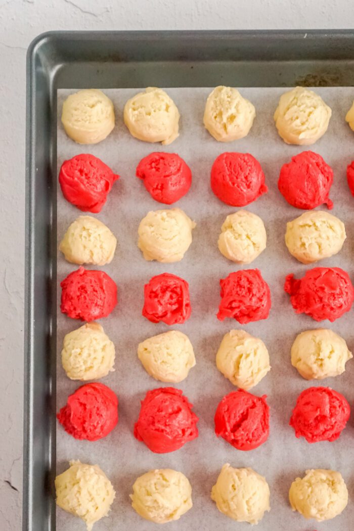 Red and white cookie dough balls