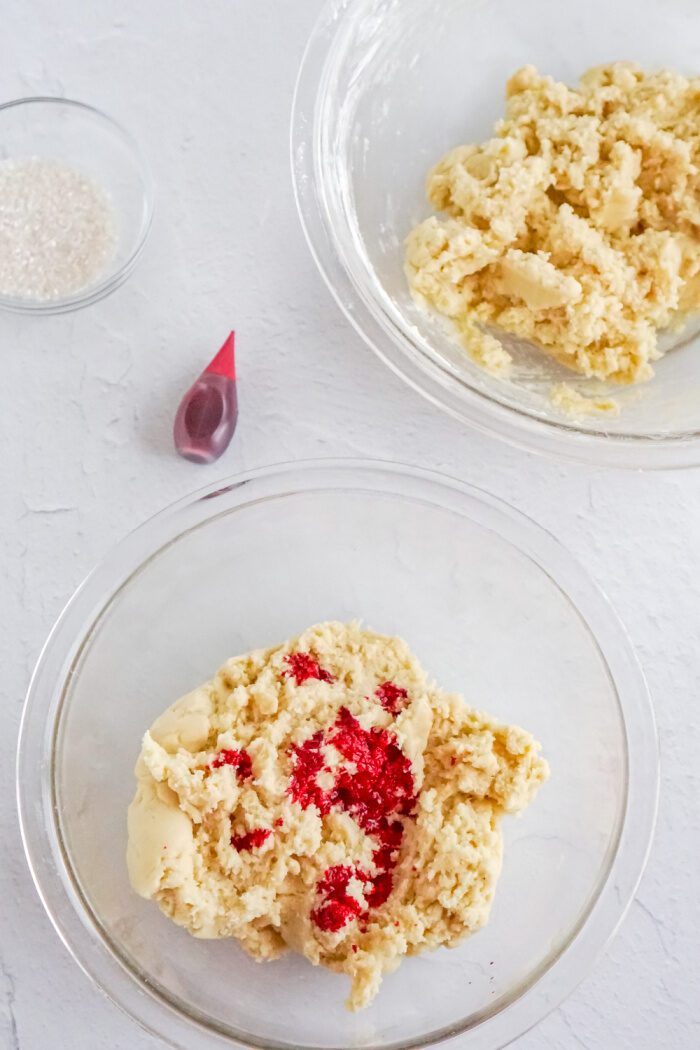 Red food dye added to separated dough