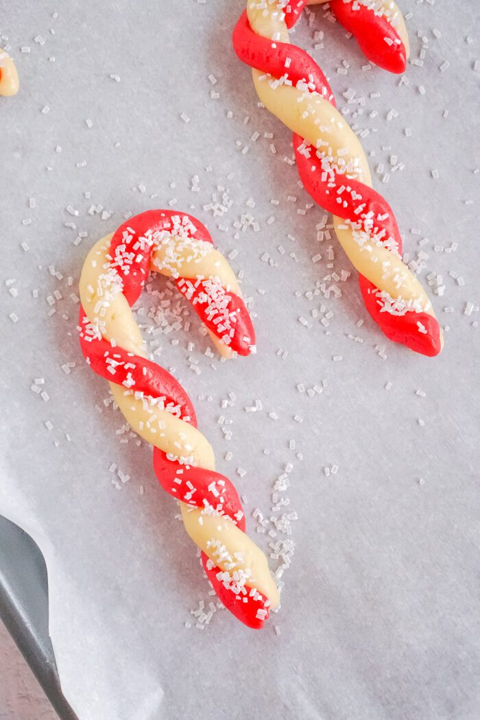 Sprinkles on cookie dough candy cane