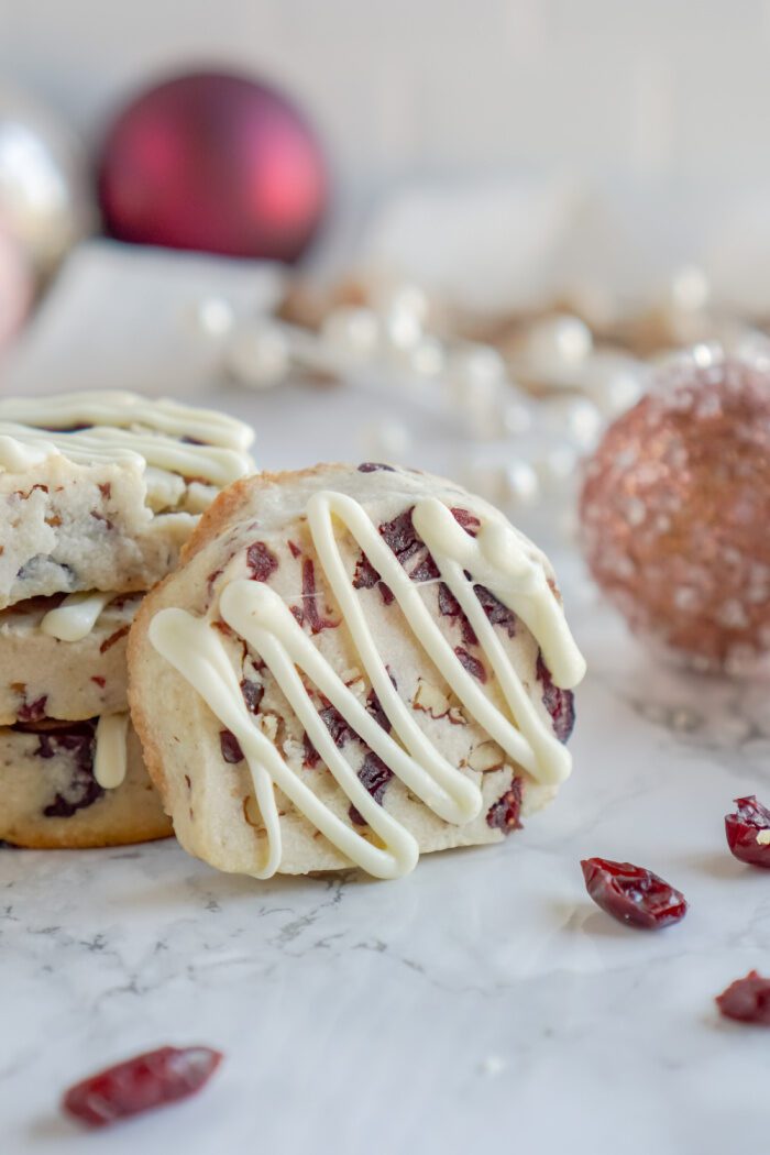 Cranberry Cookie with Chocolate Drizzle Propped Up on Another Cookie