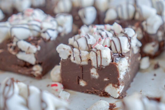Wide view of decorated fudge squares