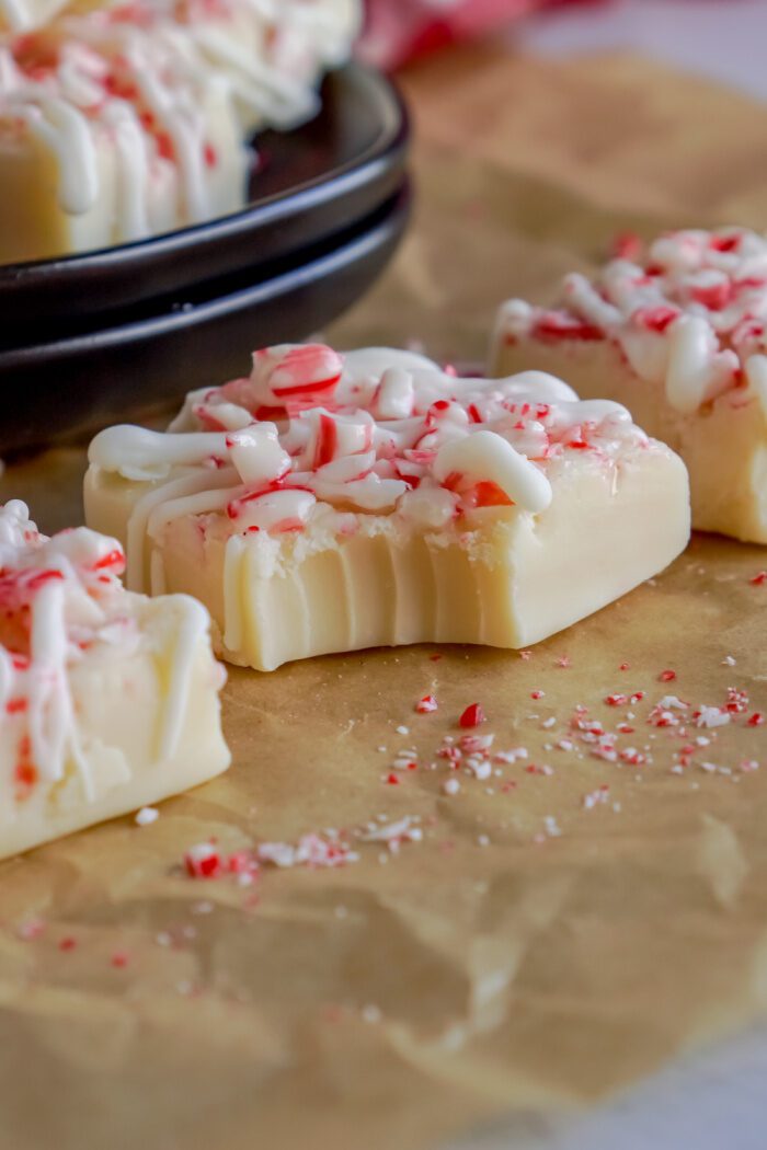 Close Up of Peppermint Fudge Square With a Bite Taken Out