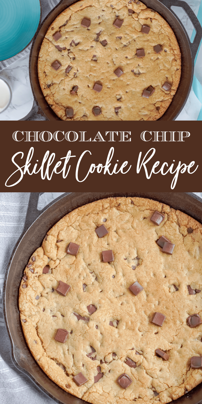 A chocolate chip cookie in a skillet.