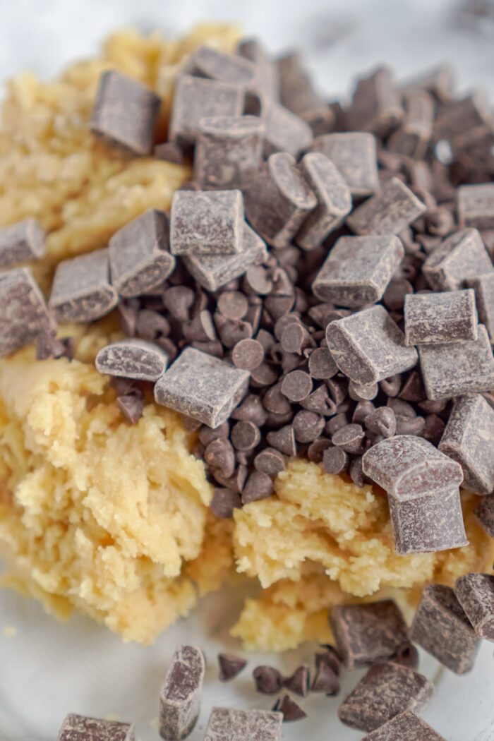 Chocolate Chunks and Chocolate Chips Added to the Bowl