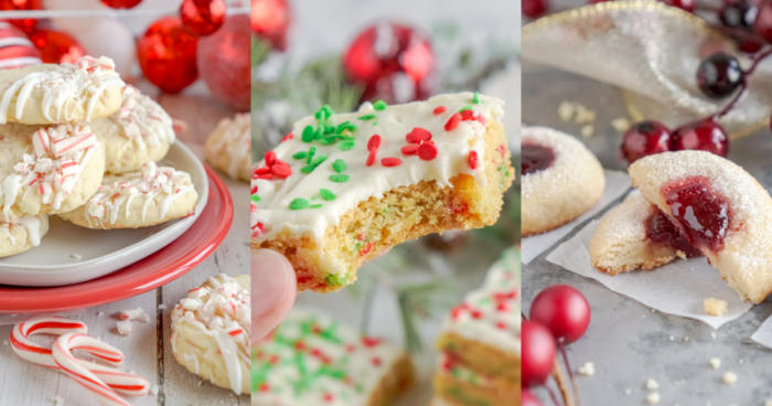 Three close-up images of Christmas cookies.