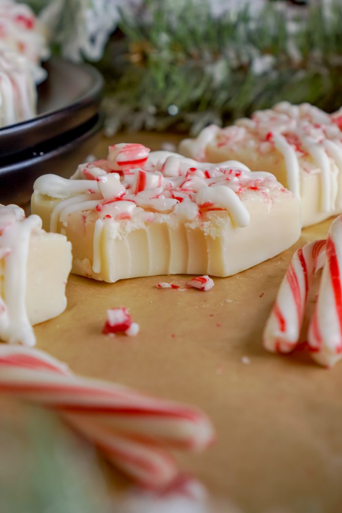 Candy Cane Fudge Square With a Bite Taken Out of It
