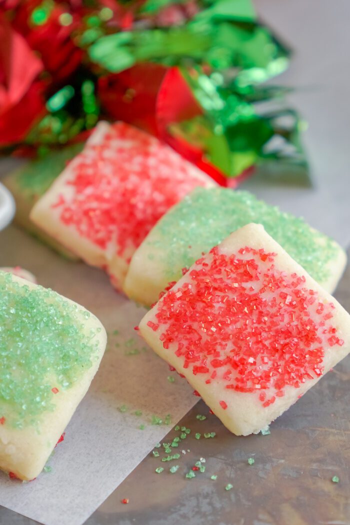 Christmas themed sugar cookies with red and green sprinkles.