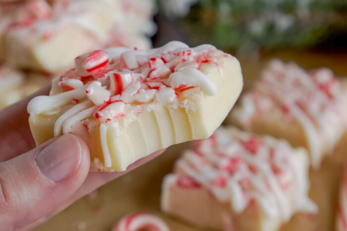 Wide View Of Someone Holding a Candy Cane Fudge Square With a Bite Taken Out