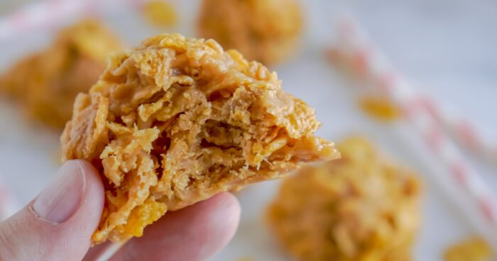 Wide View of Someone Holding a Cornflake Cookies With a Bite Taken Out