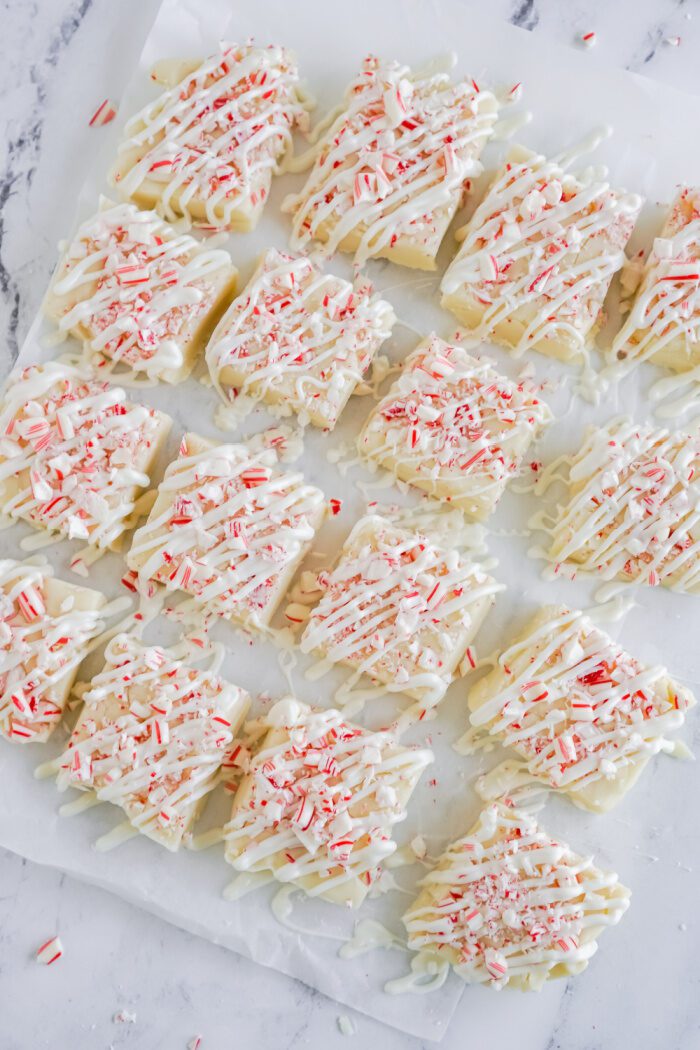 Peppermint Fudge Squares Drizzled With Almond Bark