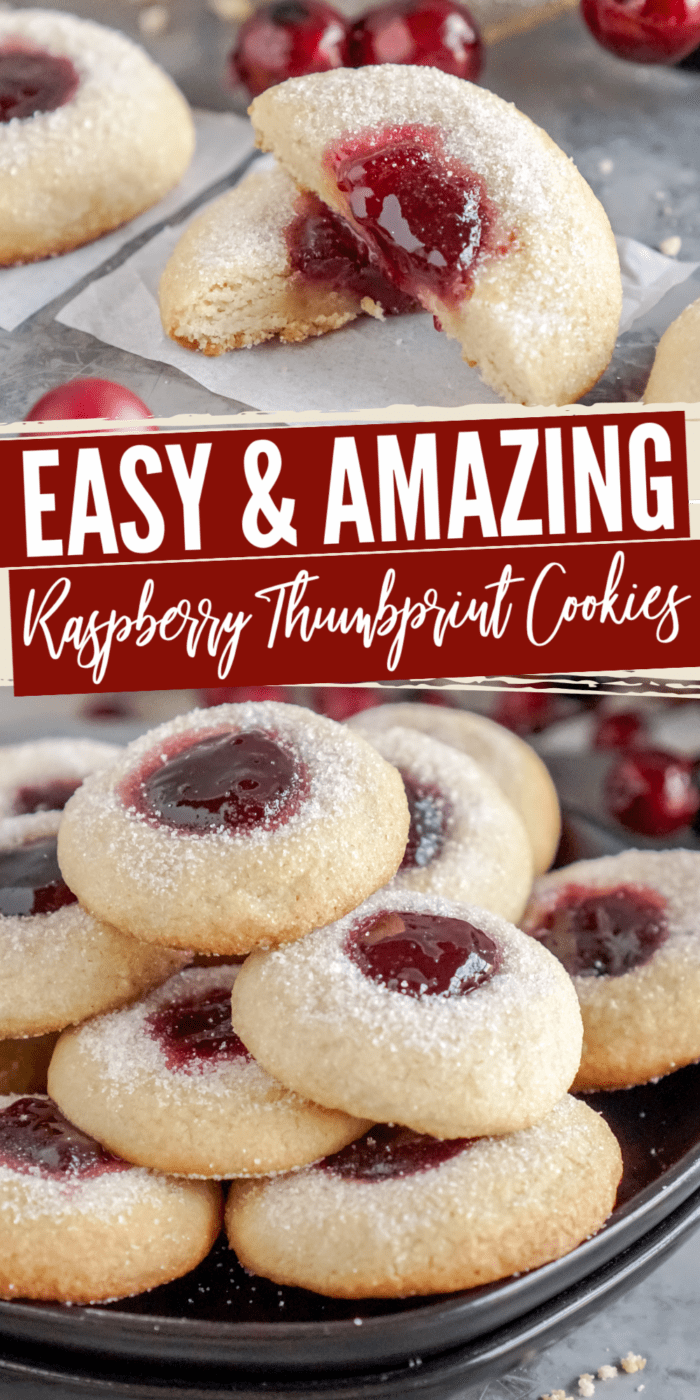 A close-up image of a pile of raspberry thumbprint cookies.