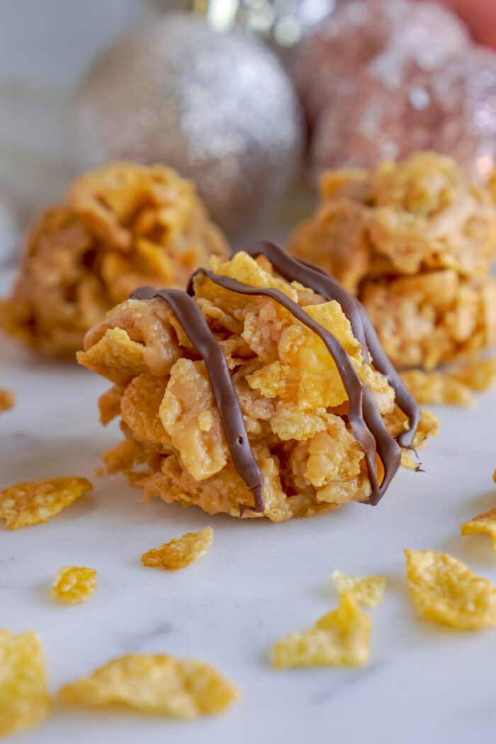 Close Up of a Cornflake Cookies With Chocolate Drizzle