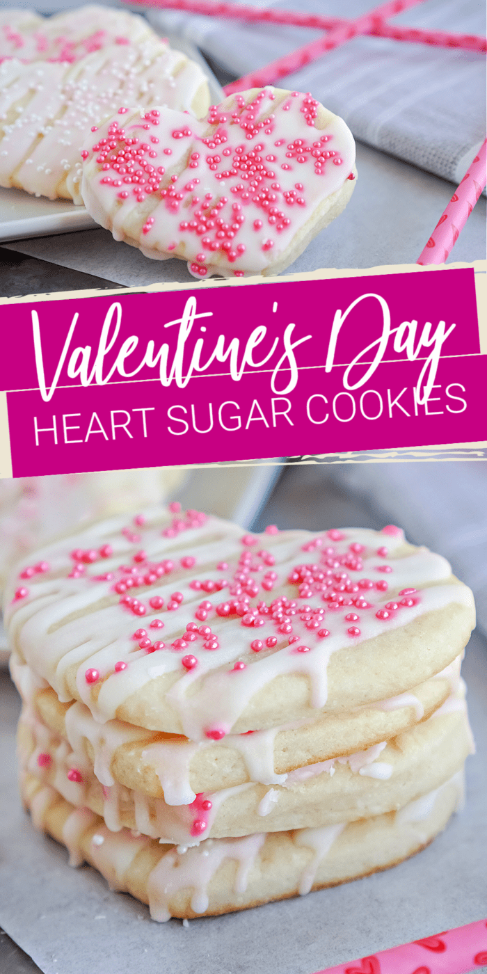 Heart-shaped sugar cookies with pink sprinkles.