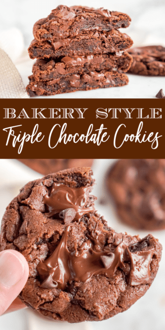 A close-up image of a stack of triple chocolate cookies.