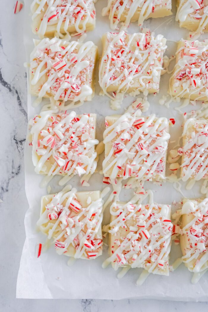 White Chocolate Candy Cane Fudge Cut Into Squares