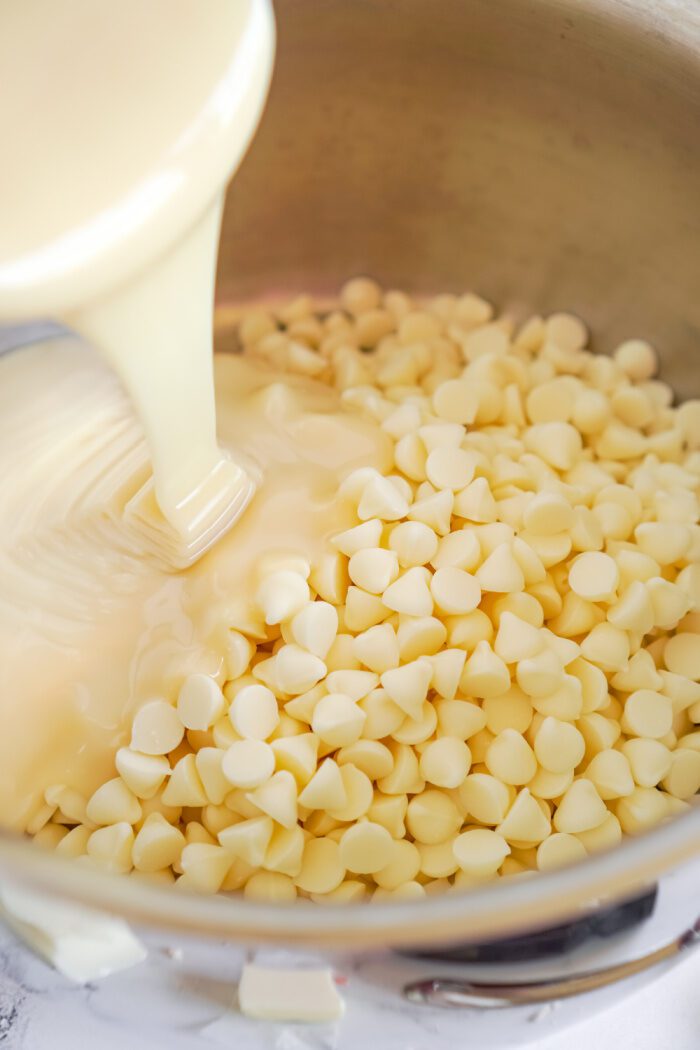 White Chocolate Chips, Butter, and Sweetened Condensed Milk in Saucepan