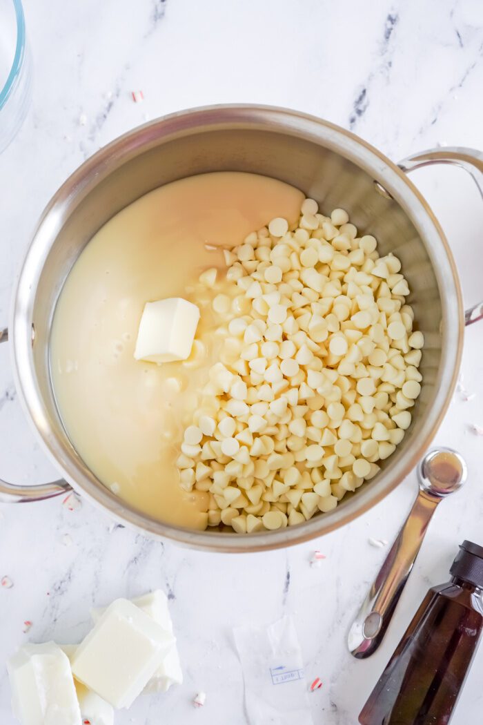 White Chocolate Chips, Sweetened Condensed Milk, and Butter in Saucepan