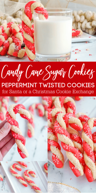 Candy cane shaped sugar cookies with red and white frosting.