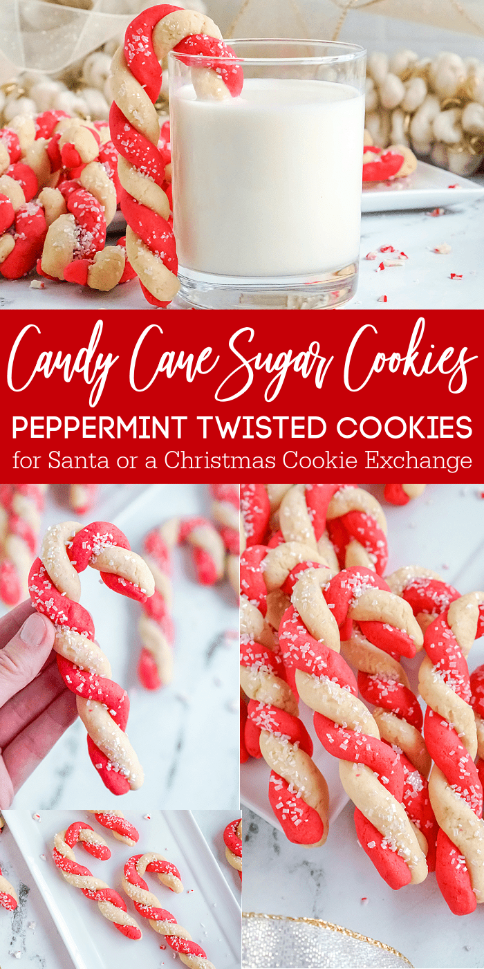 Candy cane shaped sugar cookies with red and white frosting.