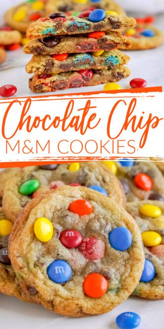 Chocolate chip cookies with colorful M&Ms.