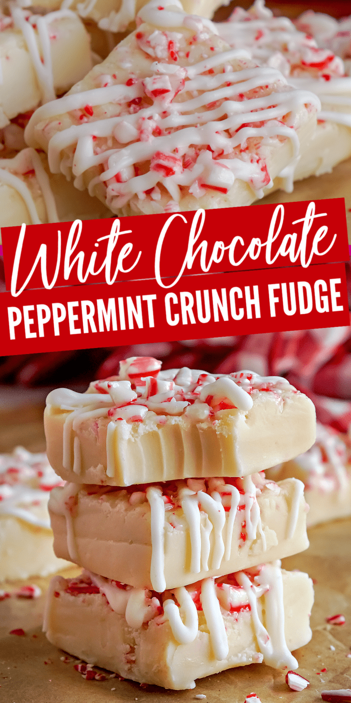 Three pieces of white chocolate peppermint fudge.