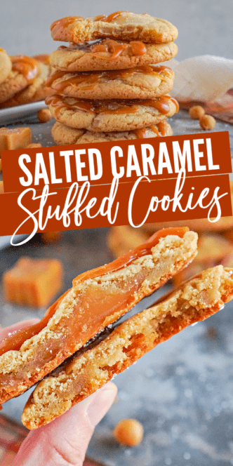 A stack of salted caramel stuffed cookies.