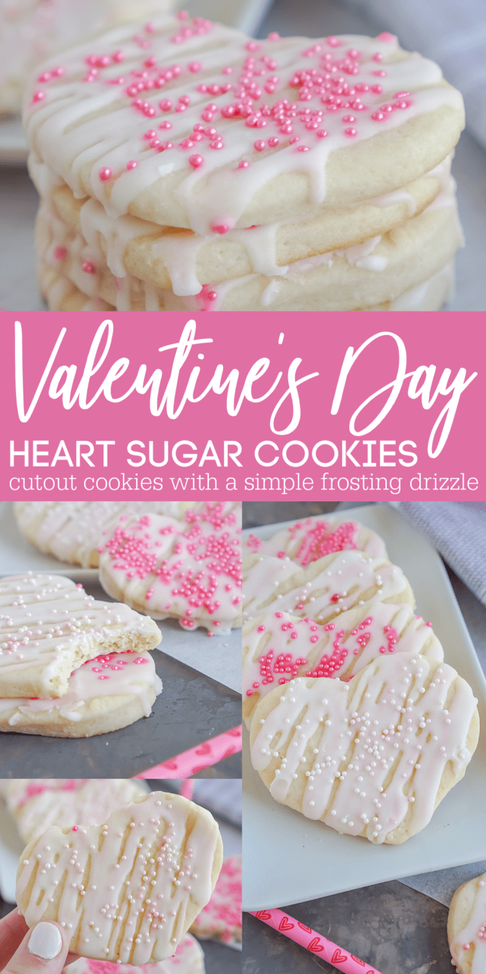 Heart-shaped sugar cookies with white icing and pink sprinkles.