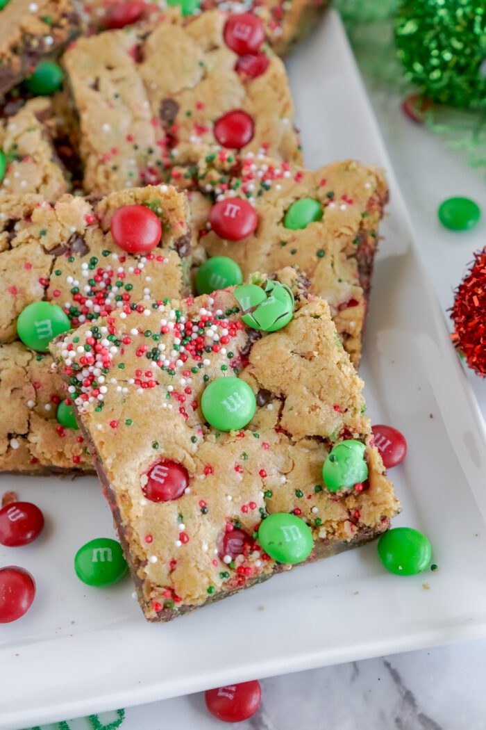 Above view of plated Christmas M&M Cookie Bars