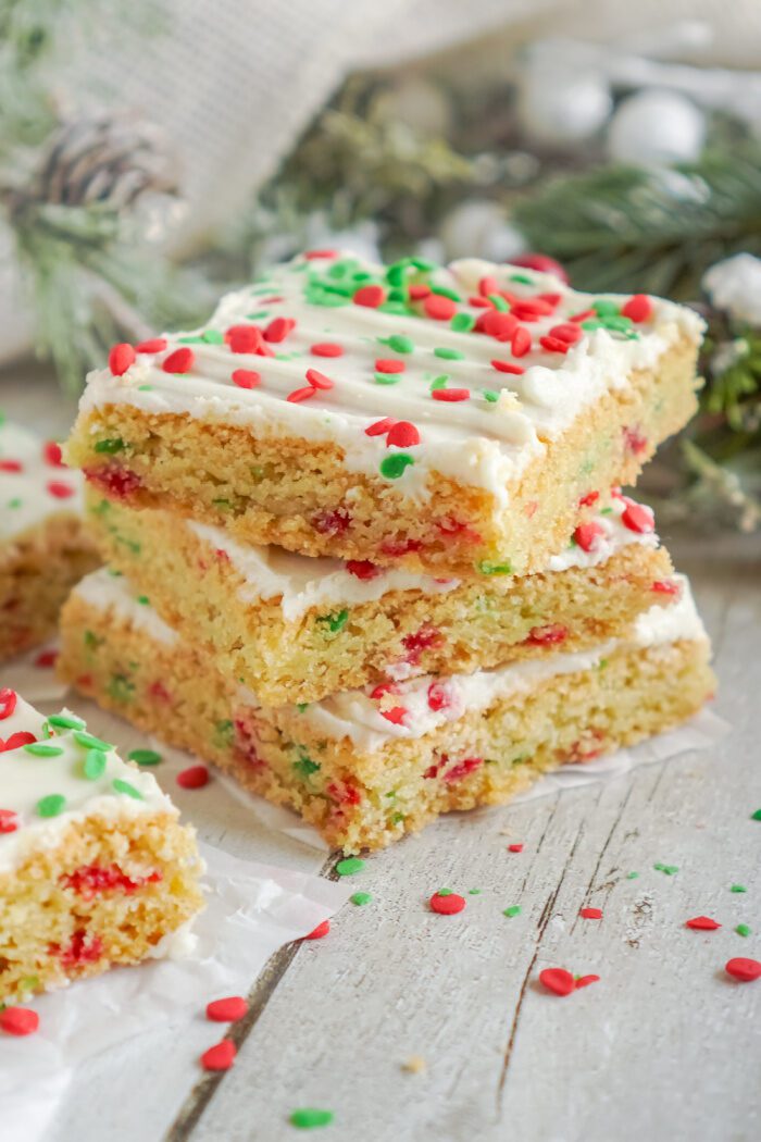 3 Christmas Sugar Cookie Bars stacked