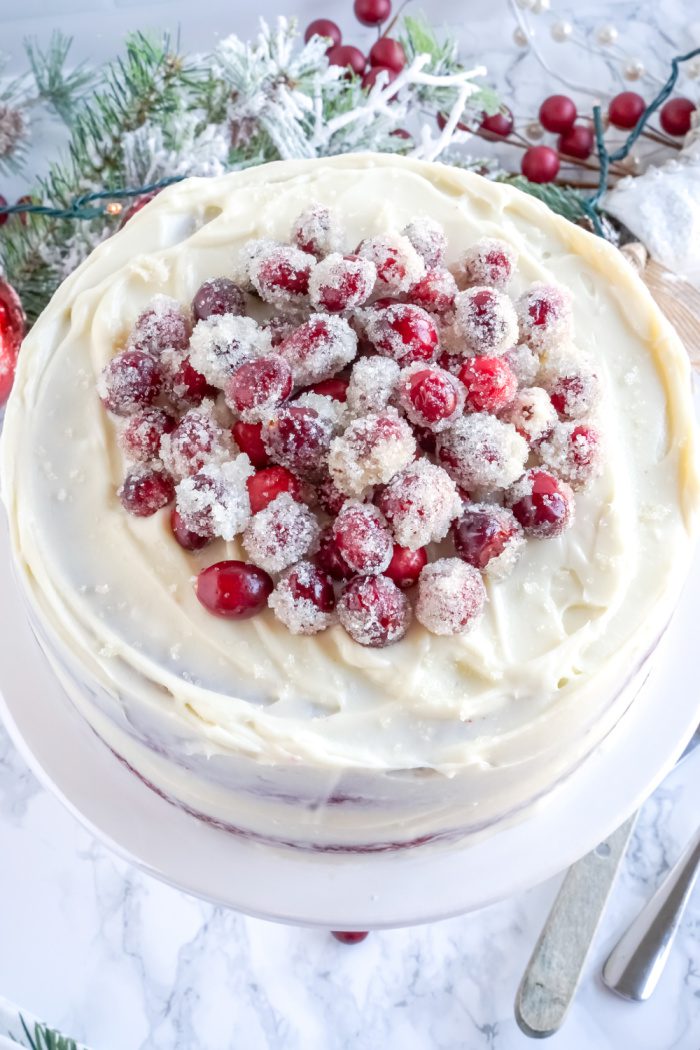 Above view of Sugared Cranberries o top of a cake