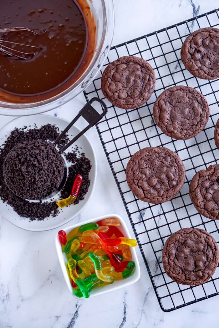 Baked Oreo Dirt Cookies on a cooling rack