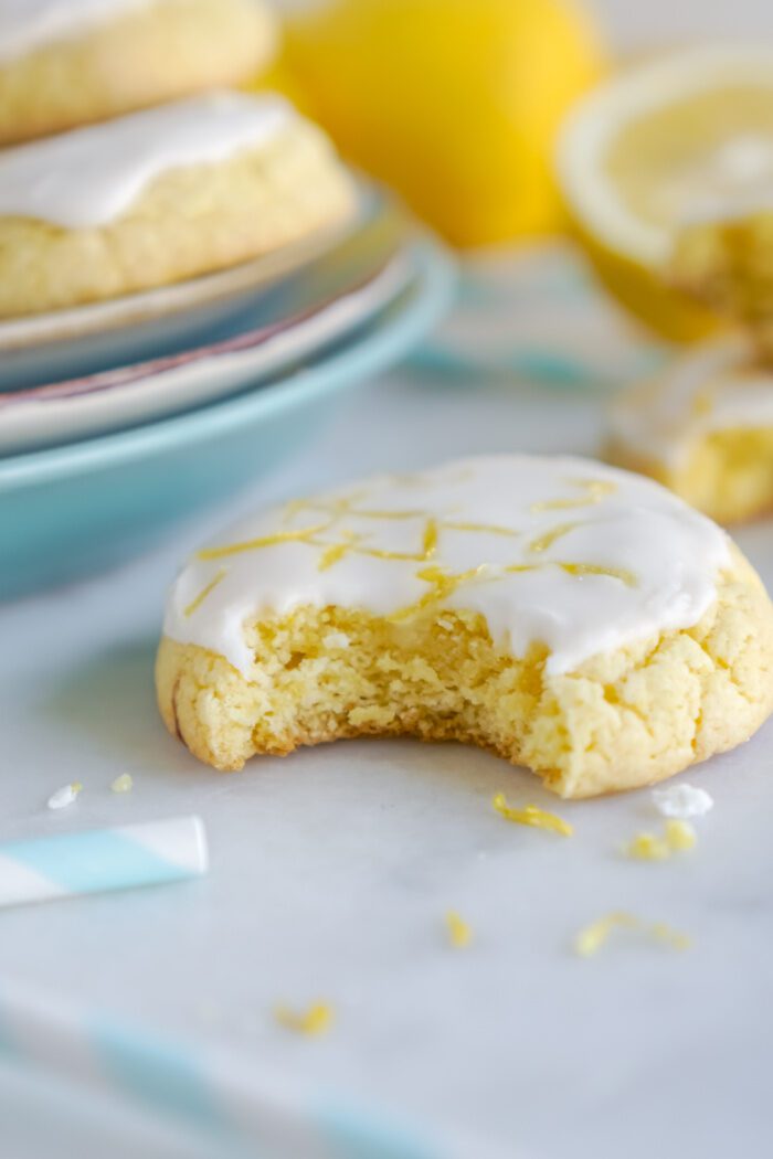 Close up of Lemon Cookies with a bite taken out of it