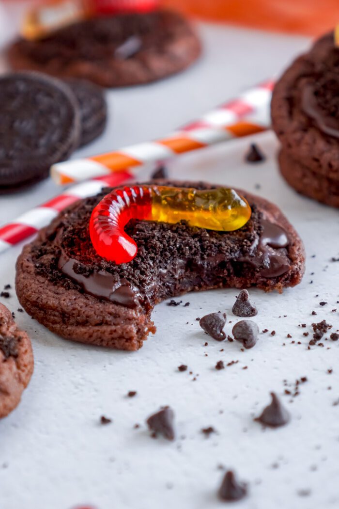 Oreo Dirt Pudding Cookie with a bite taken out of it