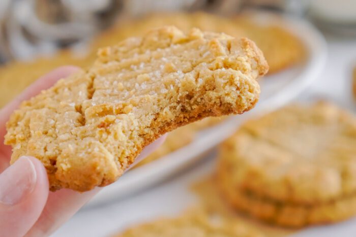 Wide view of someone holding a Peanut Butter Cookie with a bite taken out of it