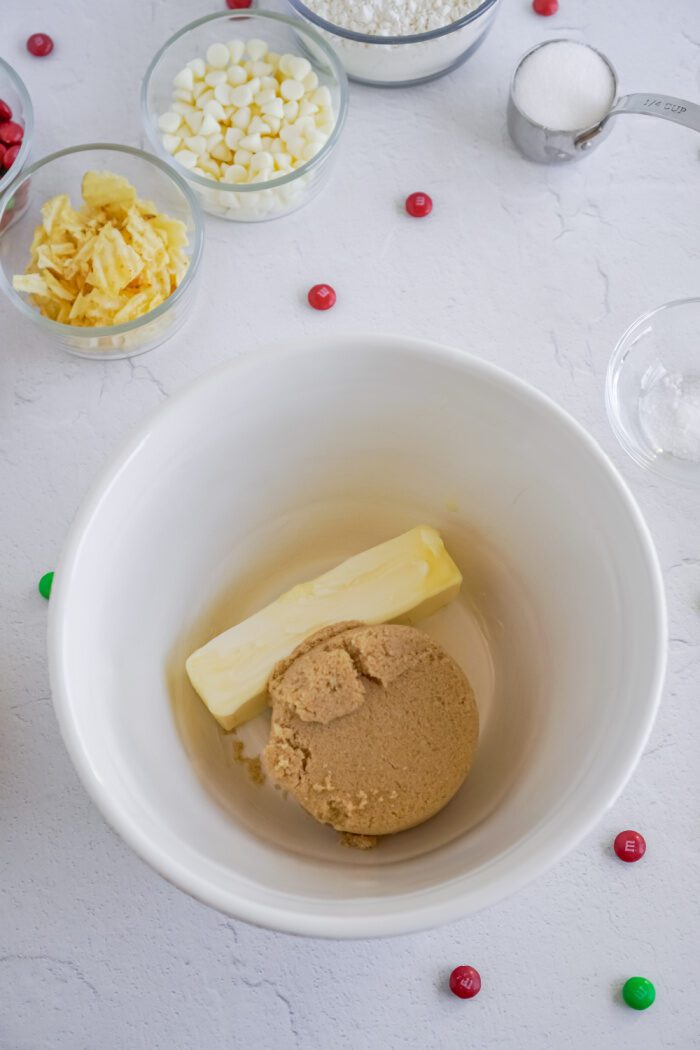 Brown sugar, sugar, and butter in bowl