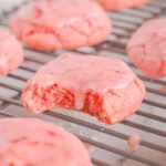 Close up view of Strawberry Cookie with a bite taken out of it