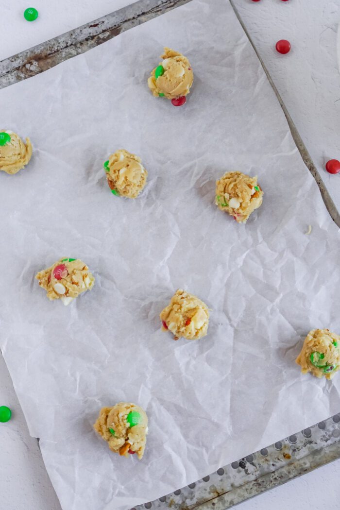Cookie dough balls on baking rack