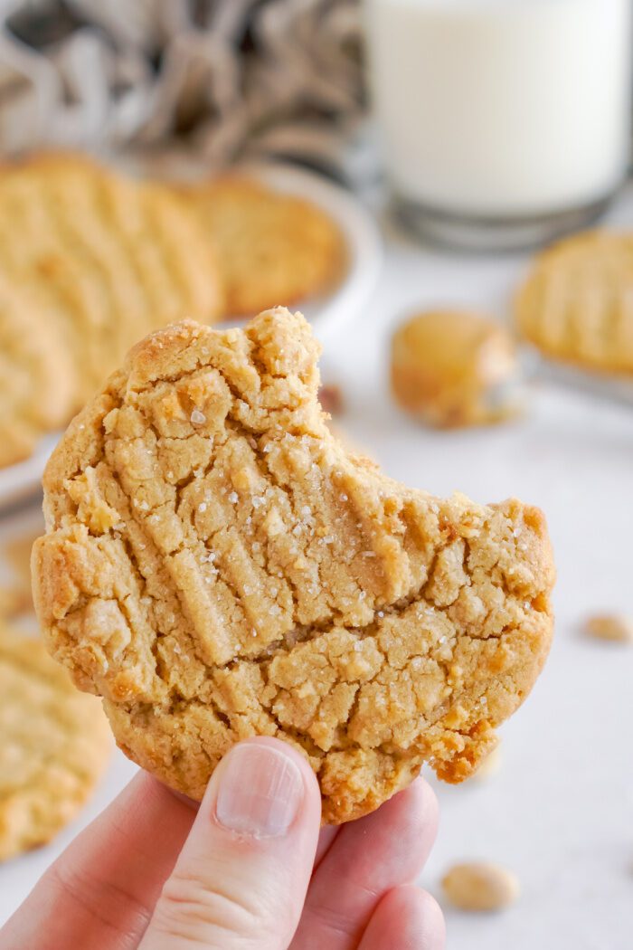 Someone holding a Peanut Butter Cookie with a bite taken out of it