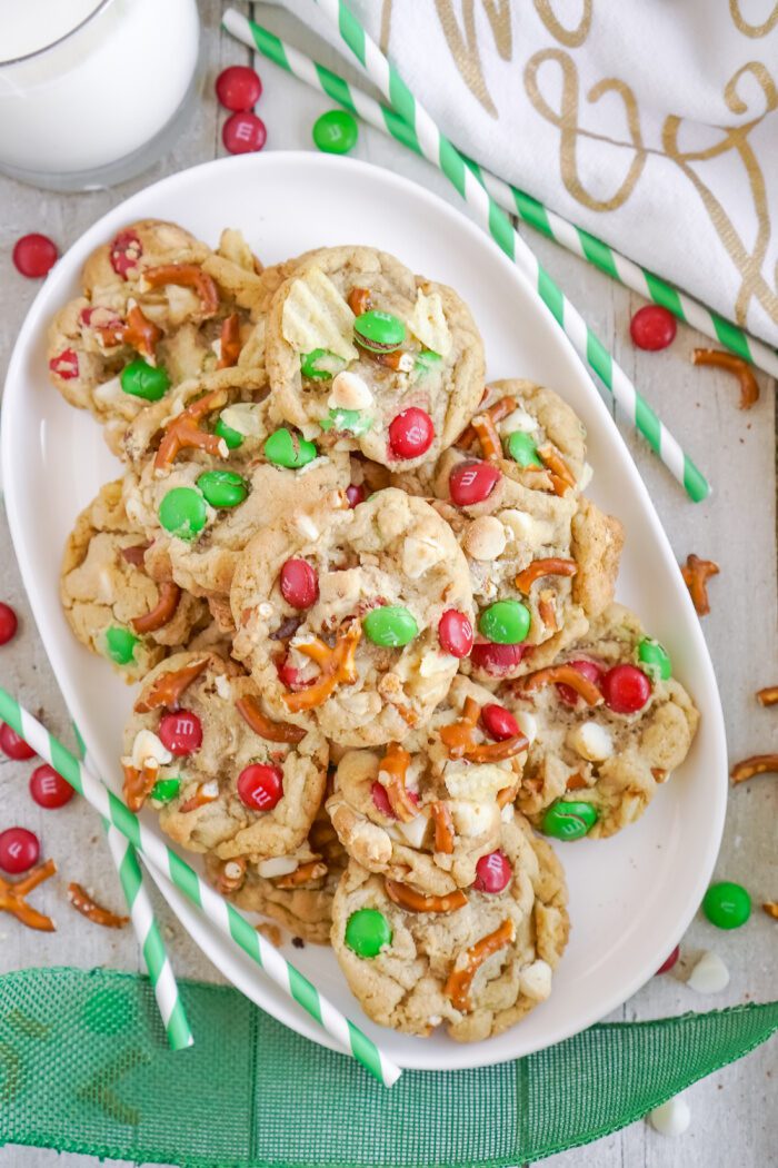 Above view of a plate of Kitchen Sink Cookies