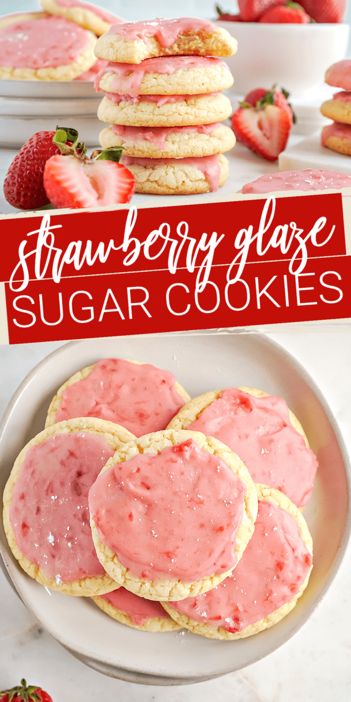 Strawberry glazed sugar cookies on a white plate.