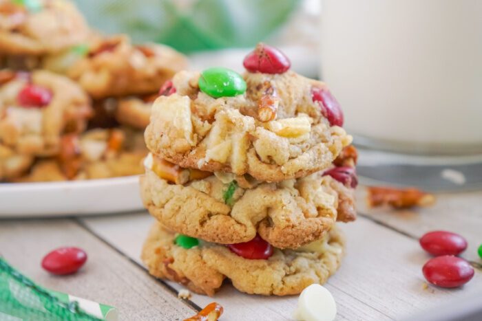 Wide view of a stack of Kitchen Sink Christmas Cookies