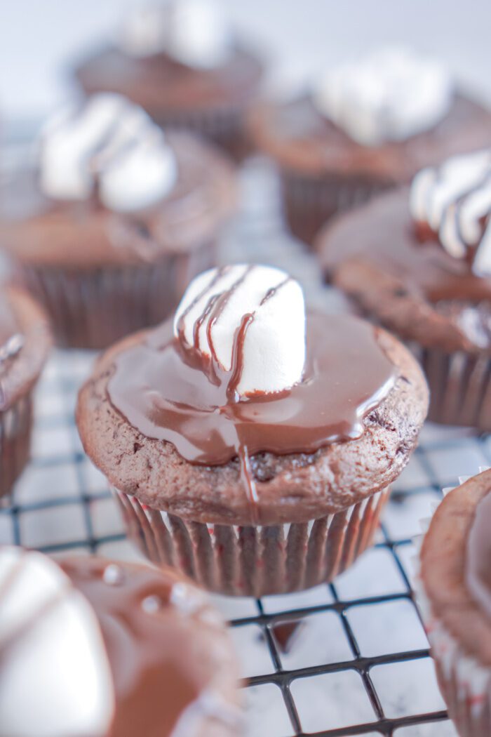 Hot Chocolate Cupcake with a marshmallow and frosting on top