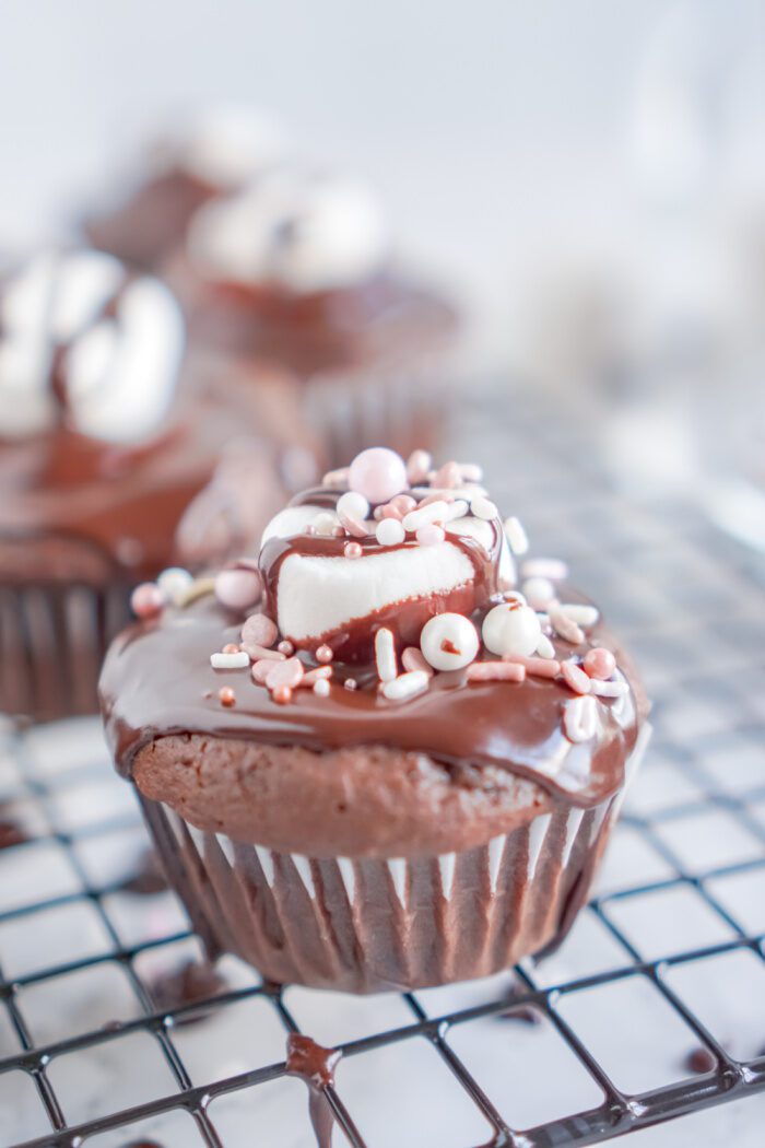 Valentine's Day Hot Chocolate Cupcake decorated with sprinkles