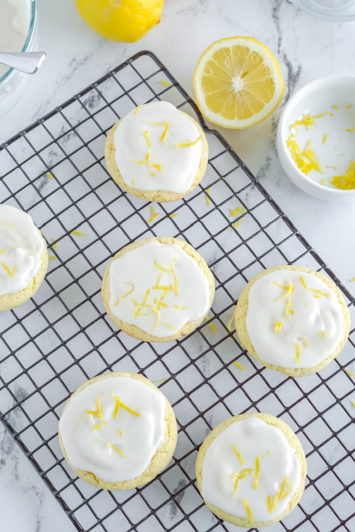 Iced Lemon cookies on cooling rack
