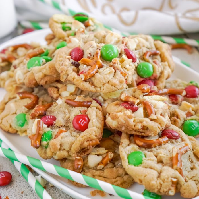 Close up of a plate of Kitchen Sink Christmas Cookies