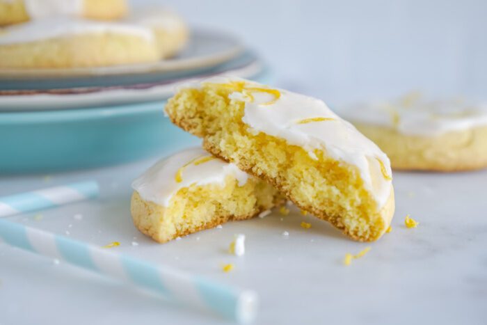 Wide view of a Lemon Cake Mix Cookie broken in half