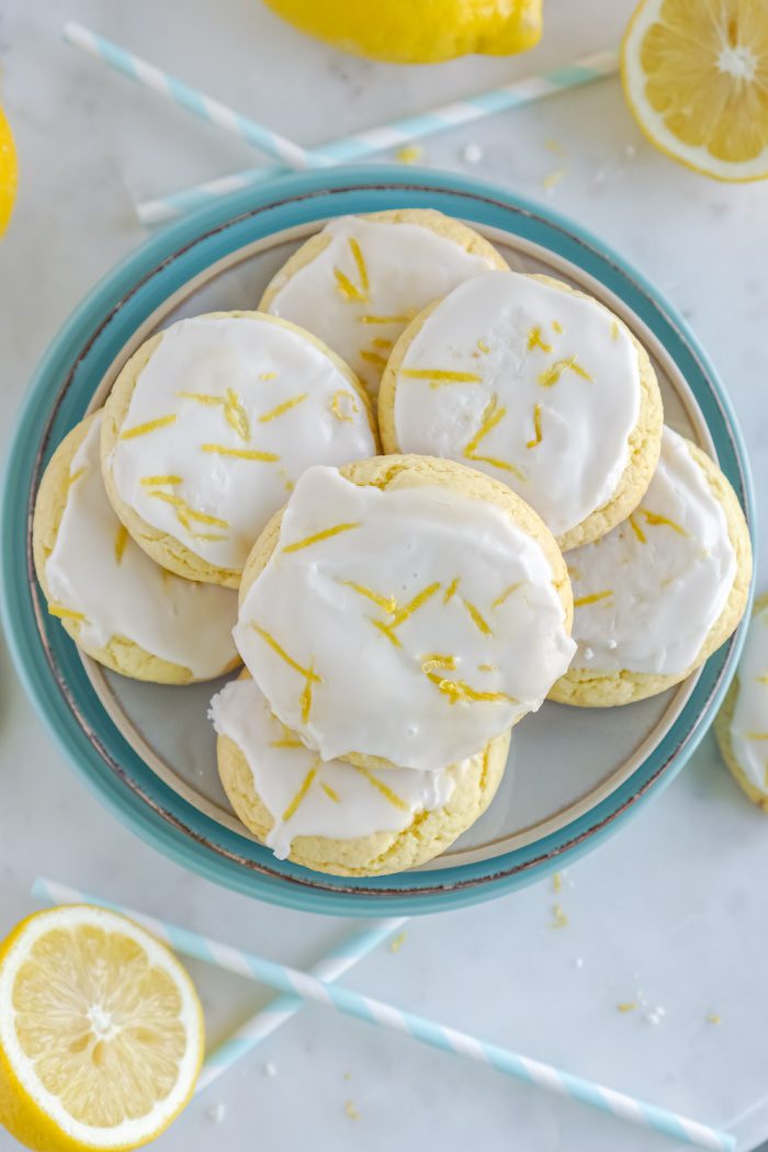 Above view of Lemon Cake Mix Cookies on a plate