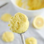 Lemon cookie dough in a cookie scoop