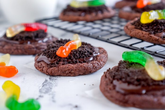 Oreo Dirt Cookies with a gummy worm on top