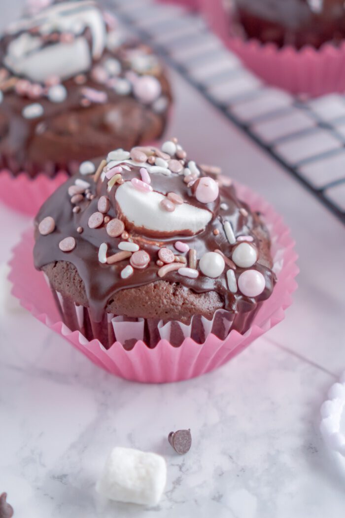 Valentine's Day Hot Chocolate Cupcake with a pink cupcake liner